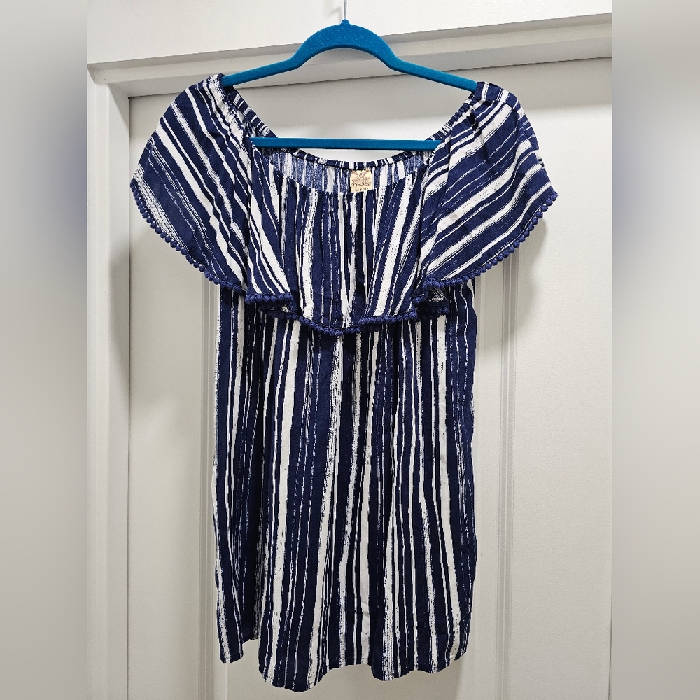 Faded Glory Women's Off-Shoulder Striped Ruffle Tunic Blouse Navy White M